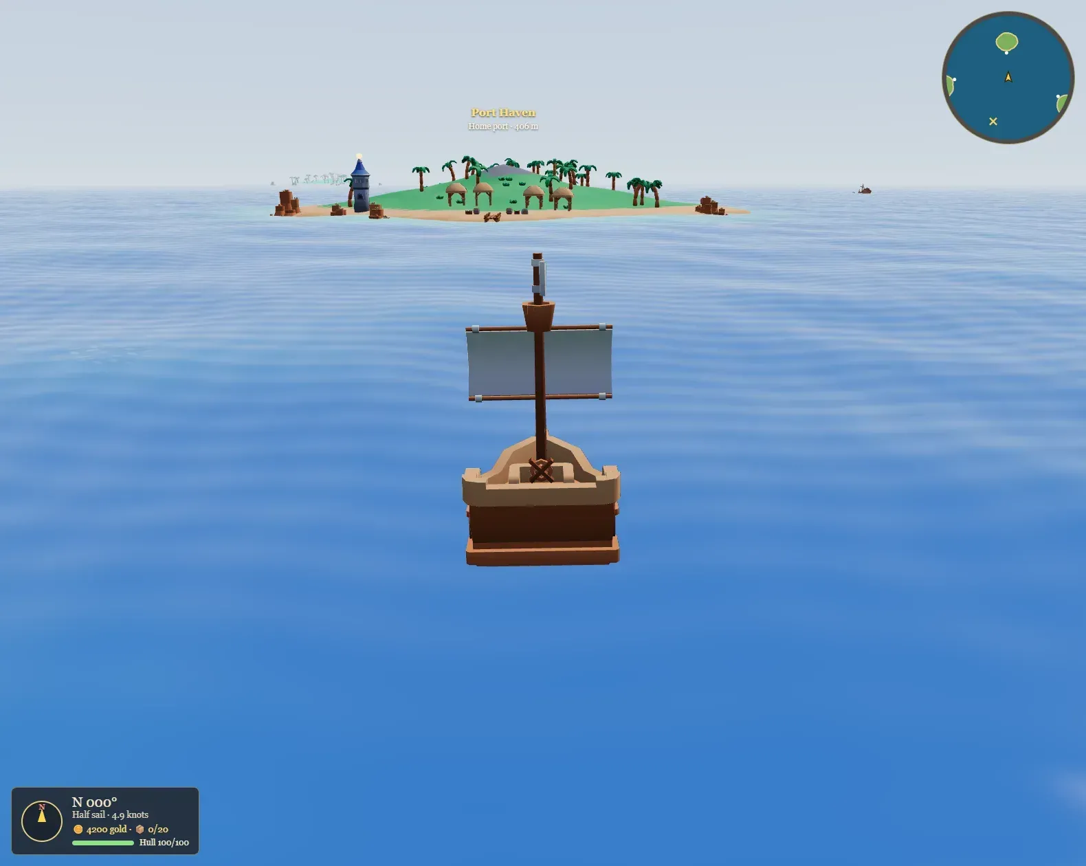 A small wooden sloop under half sail heading toward Port Haven: a green island with palm trees, thatched huts and a blue-roofed stone lighthouse. A compass panel sits bottom left and a round minimap top right.