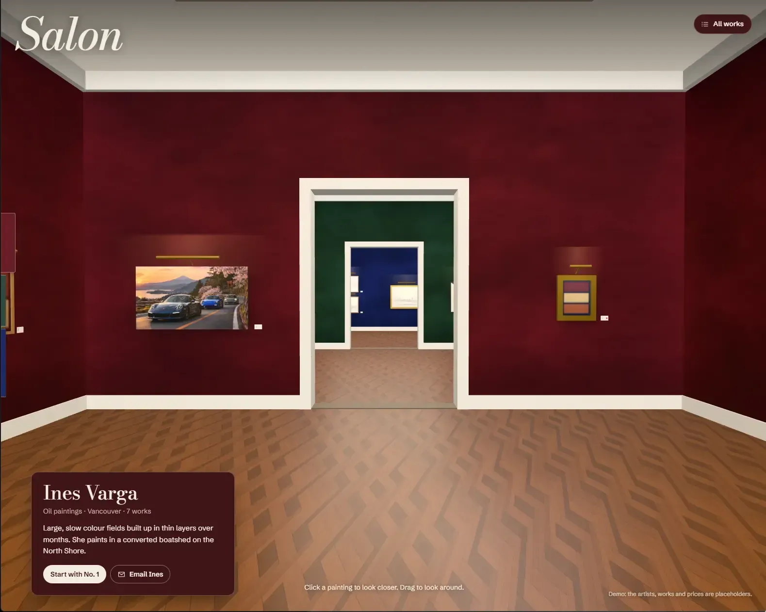 The first gallery room: deep red walls, a parquet floor, two lit paintings, and a doorway through to a green room and a blue room beyond. An artist card for Ines Varga sits bottom left.